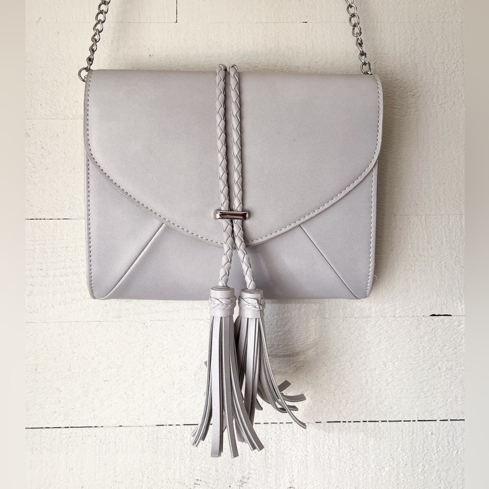 Light grey faux-leather purse with braided tassels & removable adjustable strap